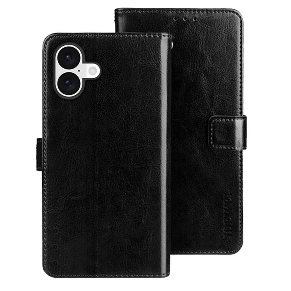 

For iPhone 16 Plus Stand Case Crazy Horse Texture Leather Phone Cover Black