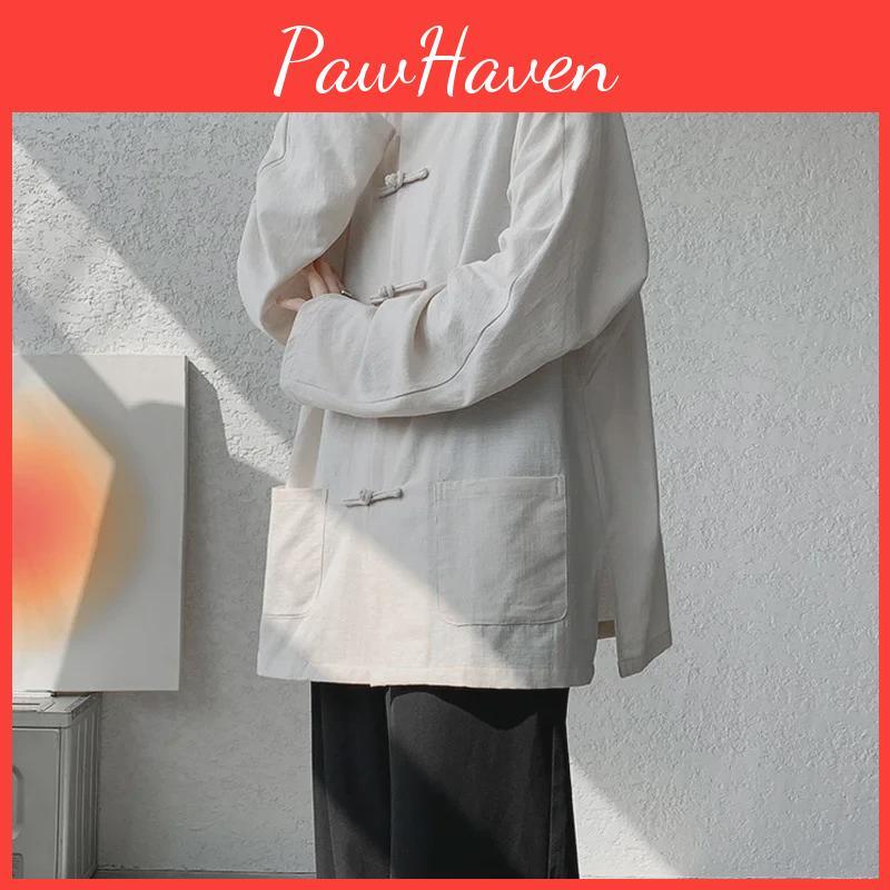 Chinese Buttoned Mens Longsleeve Style Linen Shirt Hanfu Tang Suit Plus Size Jacket