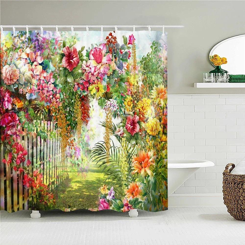 Retro Blooming Flowers Shower Curtains Bathroom Curtains Waterproof Polyester Bath Curtain with 12 Hooks Shower Curtain