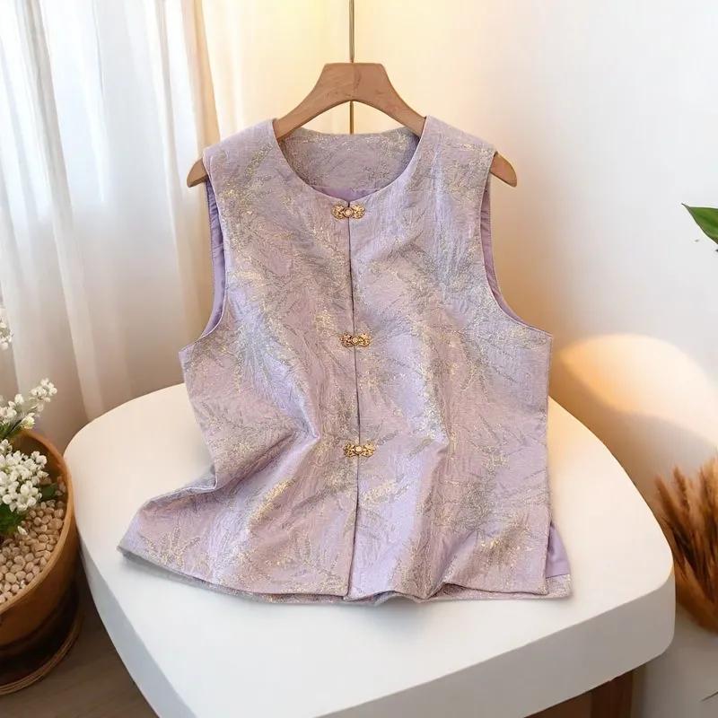 Womens New Chinese Style Jacquard Frog Button Sleeveless Vest S фиолетовый