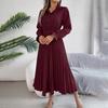 Spring Summer Women Long Sleeve Solid Pleated High Waist A Line V-Neck Long Dress