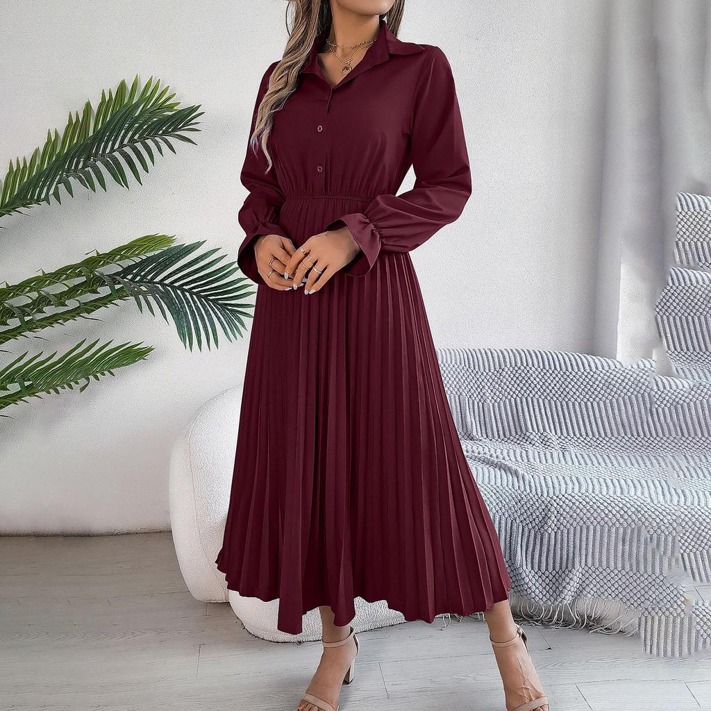 Spring Summer Women Long Sleeve Solid Pleated High Waist A Line V-Neck Long Dress