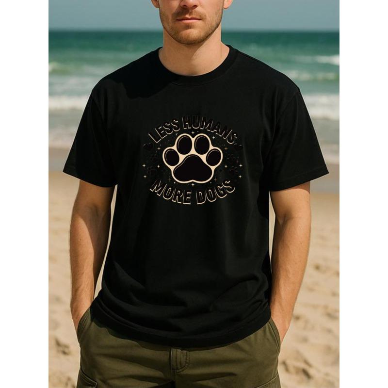 

European Size Less Humans and More Dogs Pawprint Pet Sitter Funny Printed Polyester T-Shirt, Round-neck Top, Casual Short-Sleeved T-Shirt 4XL чорний