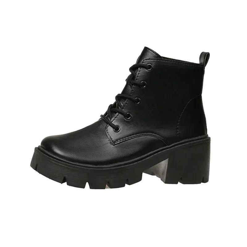 

Женская обувь 2024 Высокое качество На шнуровке Женские ботинки Осень Зима Круглый носок Однотонные Короткие голенища Массивный каблук Модные ботинки 35