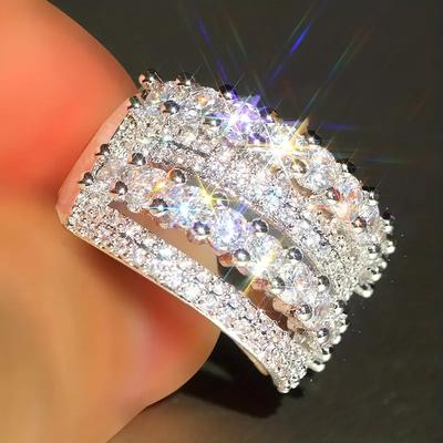 Huitan Trendy Luxury Wide Rings Female Silver Color Wedding Band Accessories Full Paved Sparkling Cubic Zircon Exquisite Jewelry