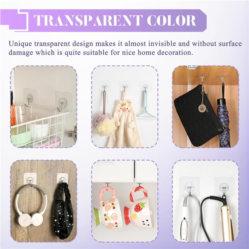 10 Packs Reusable Adhesive Hooks,Transparent Heavy Duty Wall Hooks With No Scratch, Waterproof And Oilproof For Bathroom, Bedroo