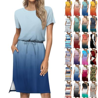 Vestido feminino folgado com ajuste folgado, casual, estampado, gola redonda, manga curta, cordão, bolso