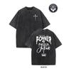 Men'S Heavyweight Vintage Washed T-Shirt - Double-Sided ' Name' And Cross Graphic Print, Loose Hip-Hop Street Style, Machine Washable Daily Casual