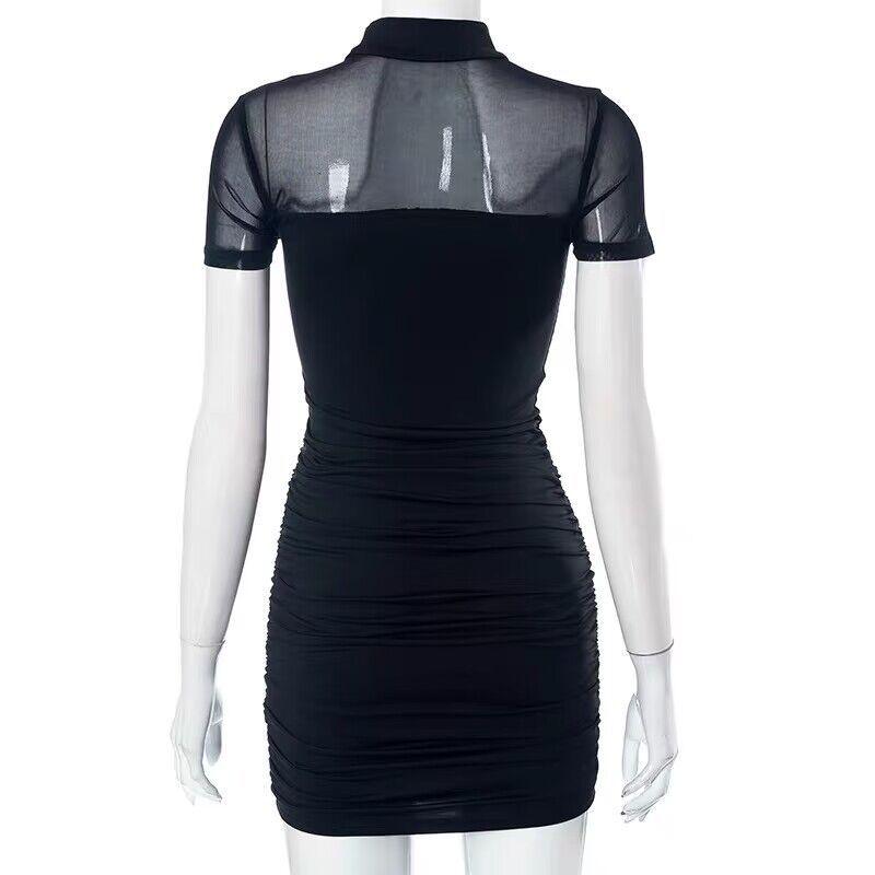 Women's Dress Summer Half High Neck Short Sleeve Fashion Sexy Mesh Yarn Wrap Hip Dresses