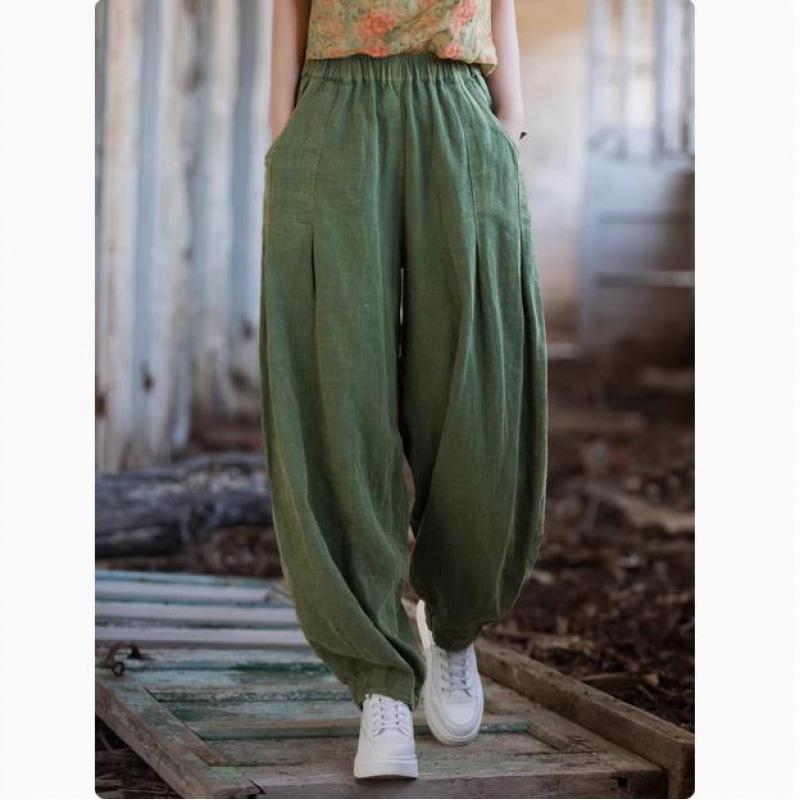 Women Vintage Cotton Linen Bloomers Pants Elastic Waist Solid Color Loose Casual Spring Long Pants