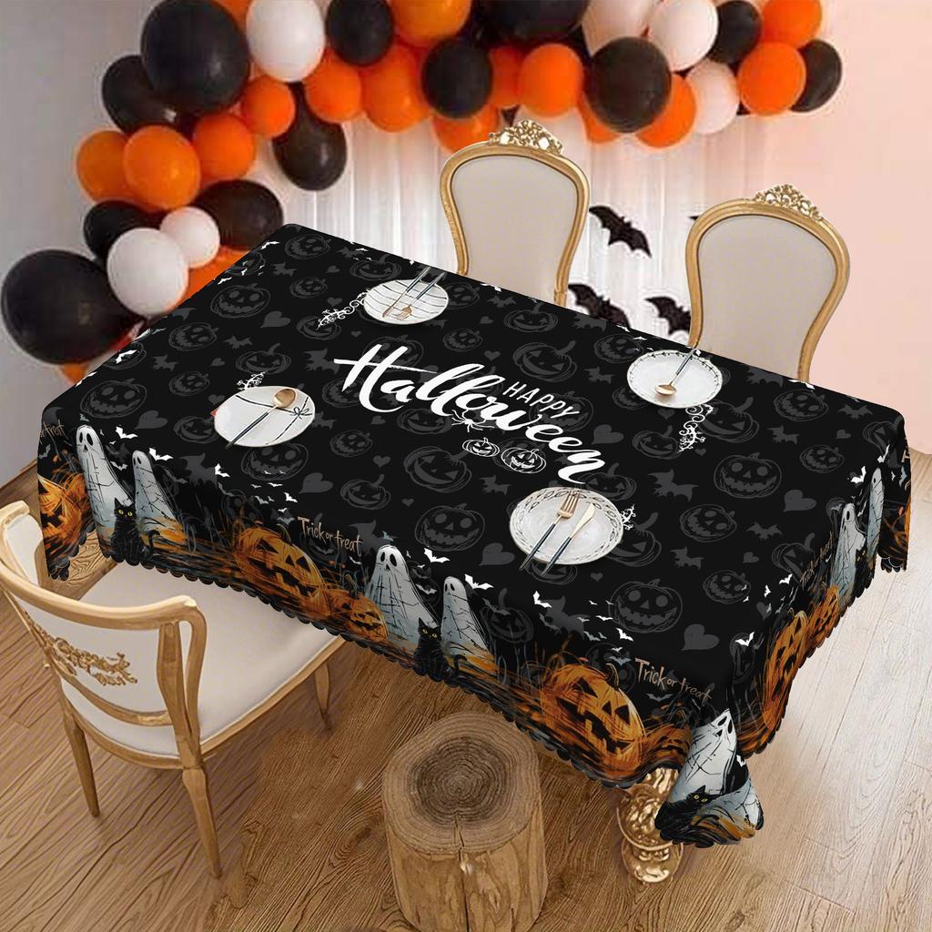 Halloween Pumpkin Ghost Bat Theme Tablecloth, Round Party Decoration Fabric, Happy Halloween