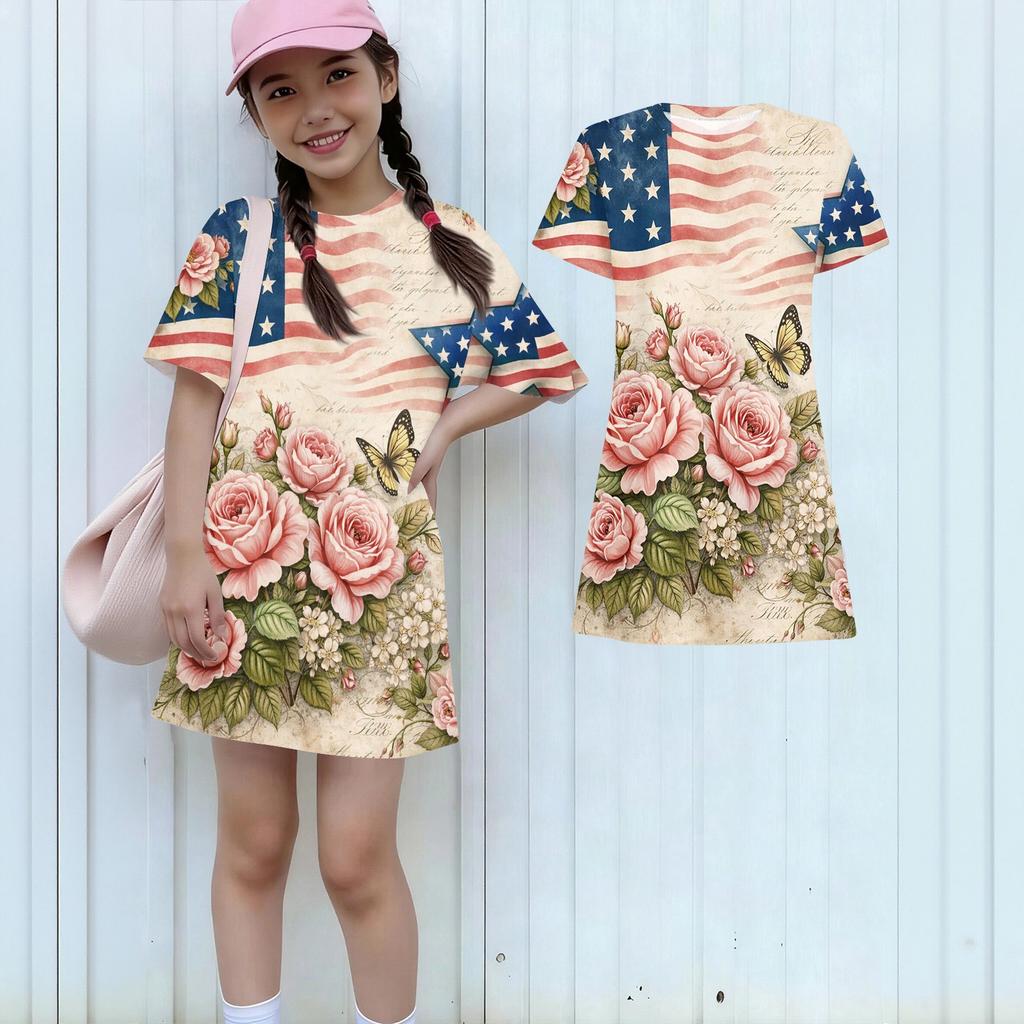 Girls Independence Day Print Casual Dress Kids Loose Round Neck Short Sleeve Thin Sundress