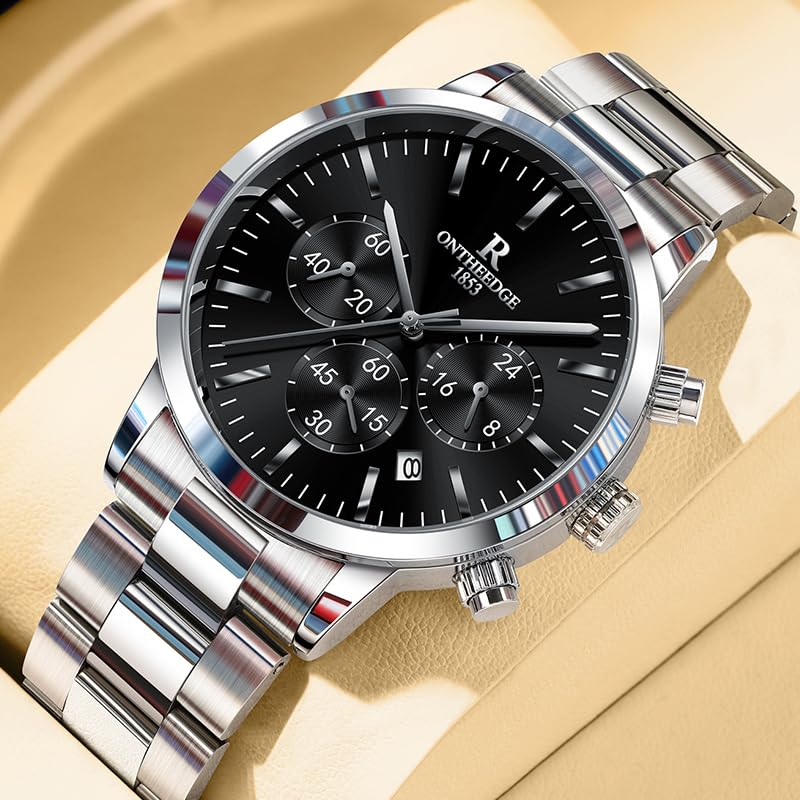 Men's Multi-Function Chronograph Watch with Stainless Steel Bracelet, 3 ATM Water Resistance, Date Display, Stylish and Simple Quartz Movement,