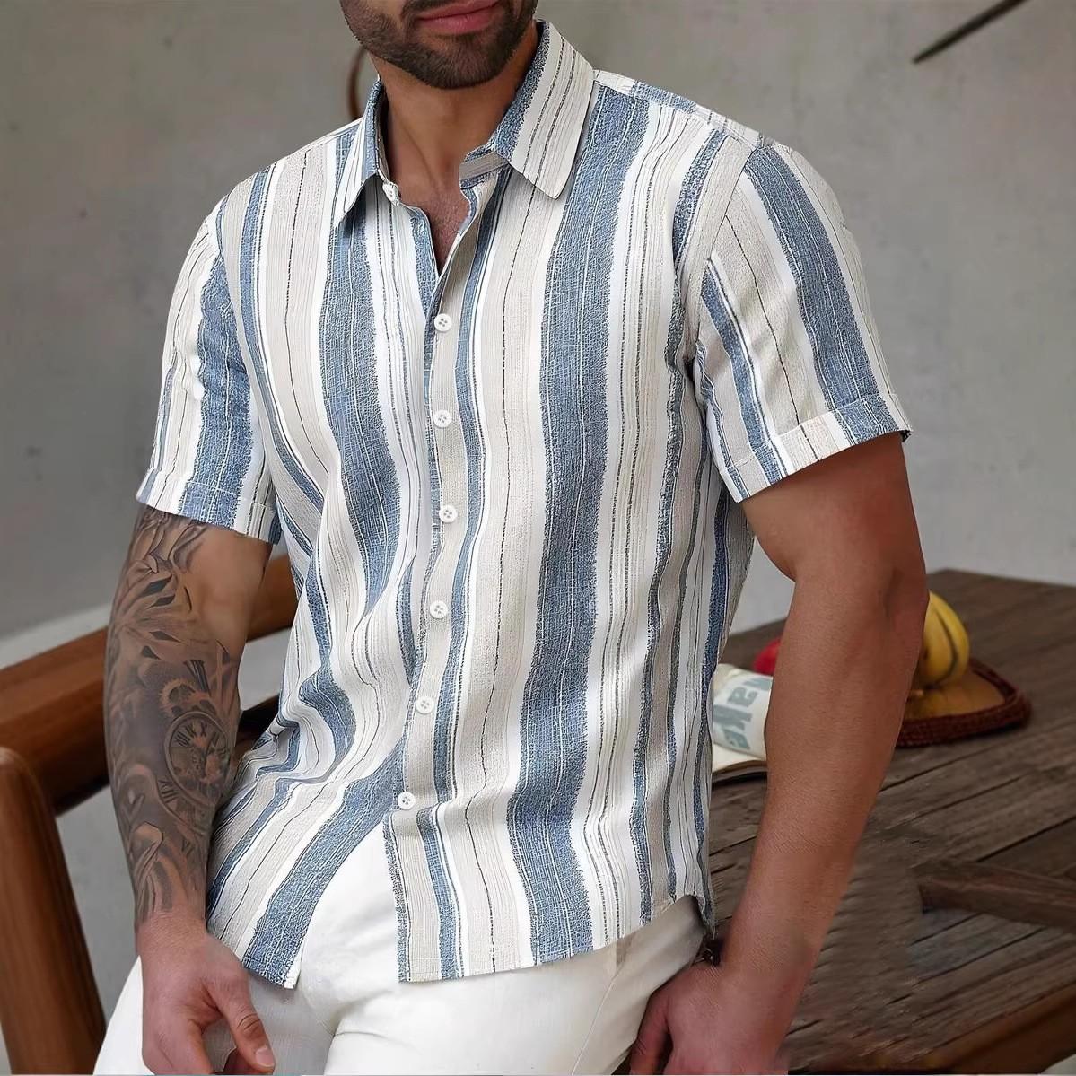 

Fashion New Men Clothes Summer Short Sleeve Stripe Shirt 100% Polyester 3D Digital Print Cool Shirt Tops 3XL синій
