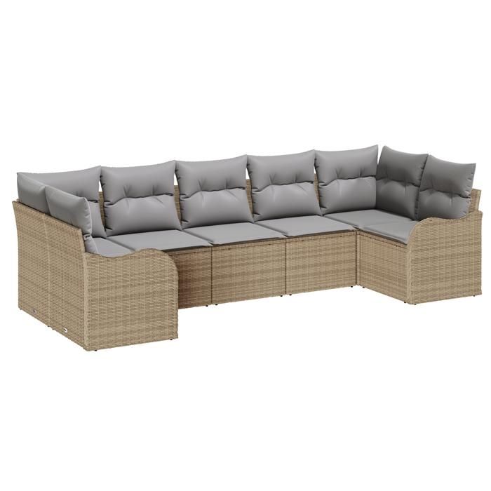Ensemble de canapé de jardin 7 pièces avec coussins Beige Poly Rattan, Canapé de jardin 2 places avec coussins Beige Poly 3345850