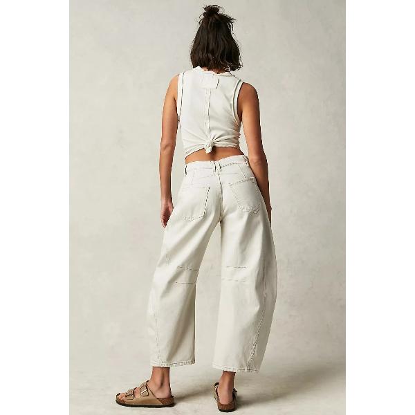 Washed Jeans Women Wide Leg Pants Denim High Waist Vintage Pockets Solid Basics Loose Fit Ankle Length Trousers