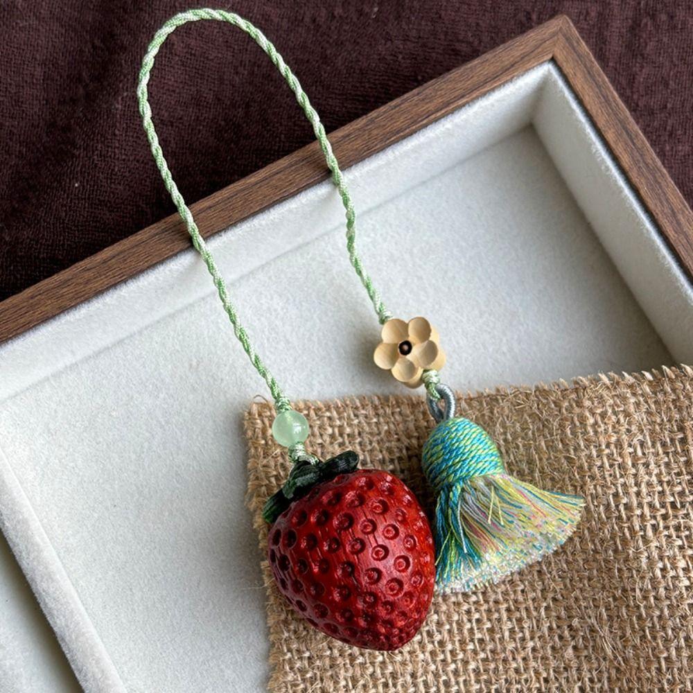 Strawberry Wooden Pendant Phone Chain Mangosteen Car Keyring Lucky Sandalwood Keychain Decoration
