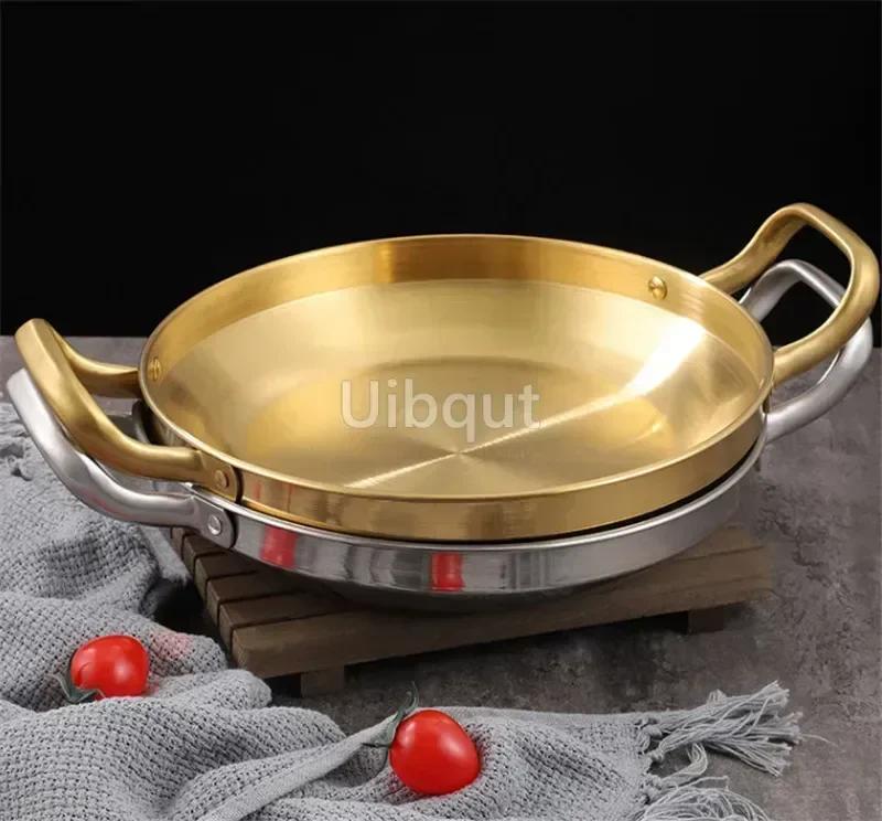 Stainless Steel Gold Golden Seafood Rice Pot Home Cooking Paella Pan Picnic Snack Plates Cookware Saucepan Dry Pots with Handle
