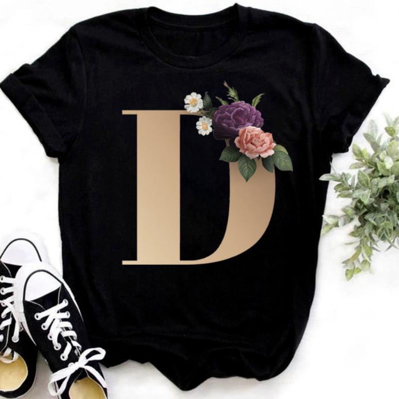 Fashion Golden 26 Letters Flower Harajuku Print Ladies T-shirt Casual Basics O-collar Black Shirt Short Sleeve Ladies T-shirts