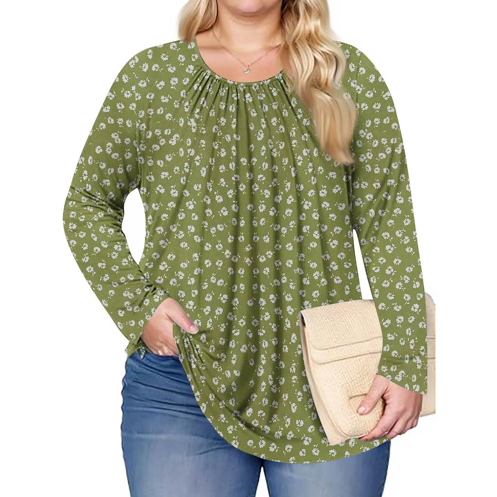 Women's Plus Size Fashion Printed Casual Pleated Round Neck Long Sleeve Top