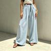 Women's High Waist Belted Pleated Solid Linen Wide Leg Long Pants Loose Fit Casual Trousers