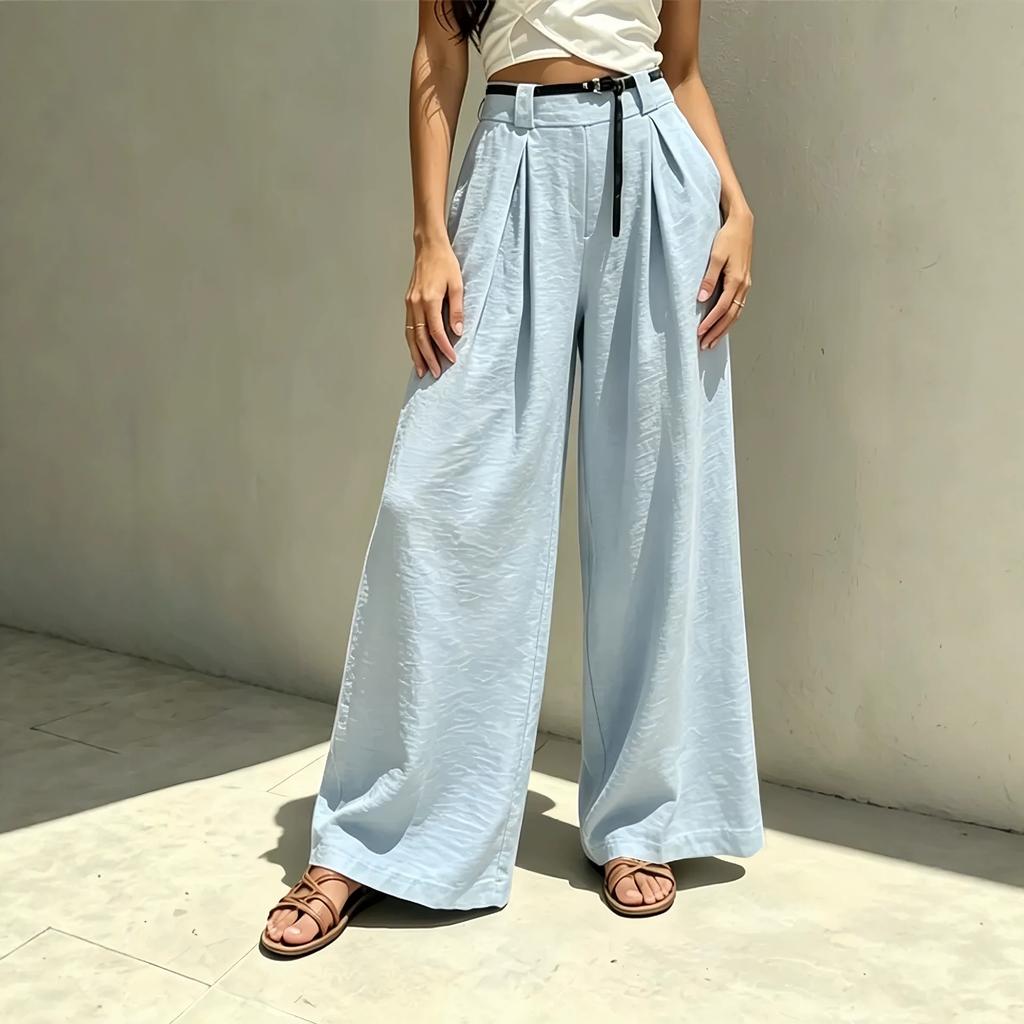 Women's High Waist Belted Pleated Solid Linen Wide Leg Long Pants Loose Fit Casual Trousers