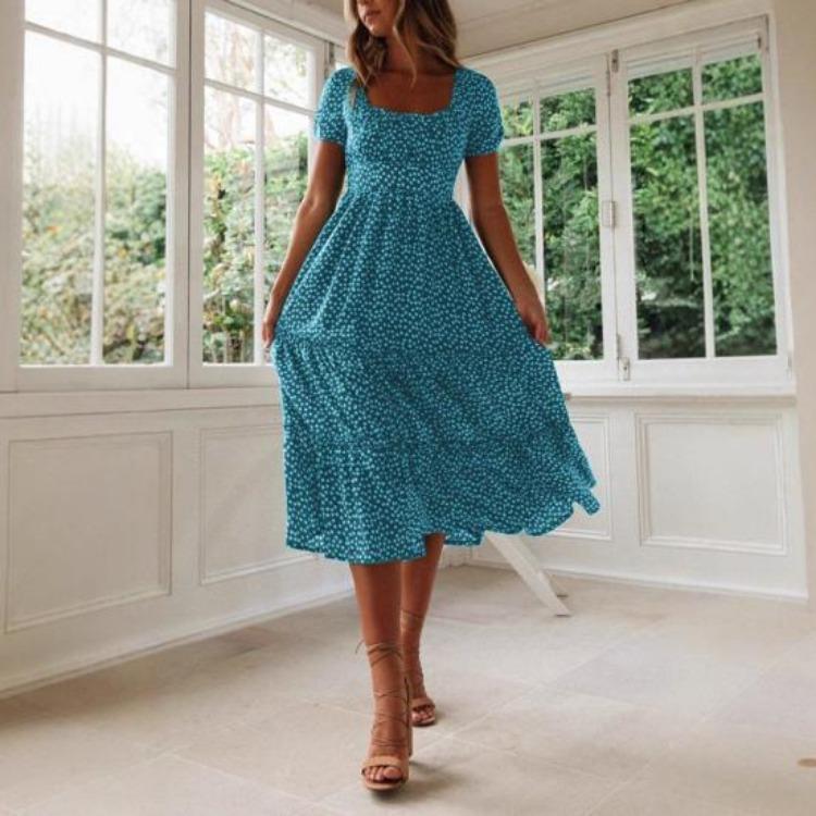 Flowy Boho Summer Dress Floral Swing Tiered Beach Sundress Women Casual Square Neck Short Sleeve Ruffle A Line