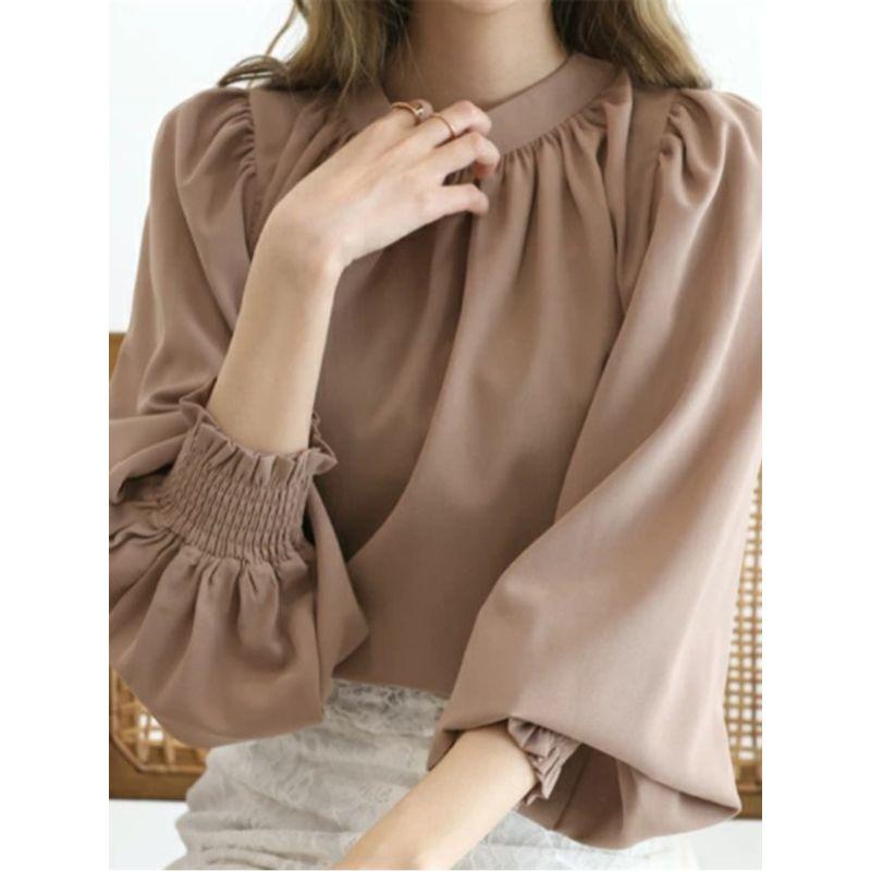 Cross-Border Japanese and Korean Sweet Fashion Commuter Ol Spring/Summer New Arrival Stand Collar Not Wrinkle Loose Bubble Long Sleeve Chiffon Shirt