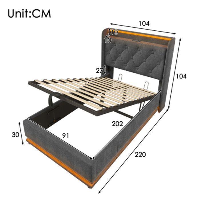 Jednoduchá čalouněná postel - MUVOE - 90x200 cm - 360° LED osvětlení - Čelo postele s USB - Hydraulický úložný prostor