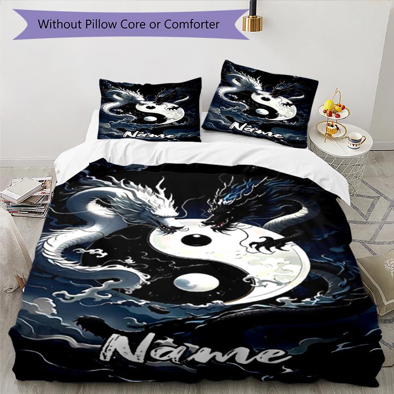 Ensemble de literie Dragon avec nom personnalisé 3 pièces Housse de couette Fermeture Comprend 1 housse de couette et 2 taies d'oreiller, Doux et confortable pour toutes les saisons.
