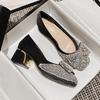 Size 35-43 Women Wedding Pumps Med Heel Square Toe Office Lady Shoes Pearls Diamonds Bowknot Decoration Party Shoes