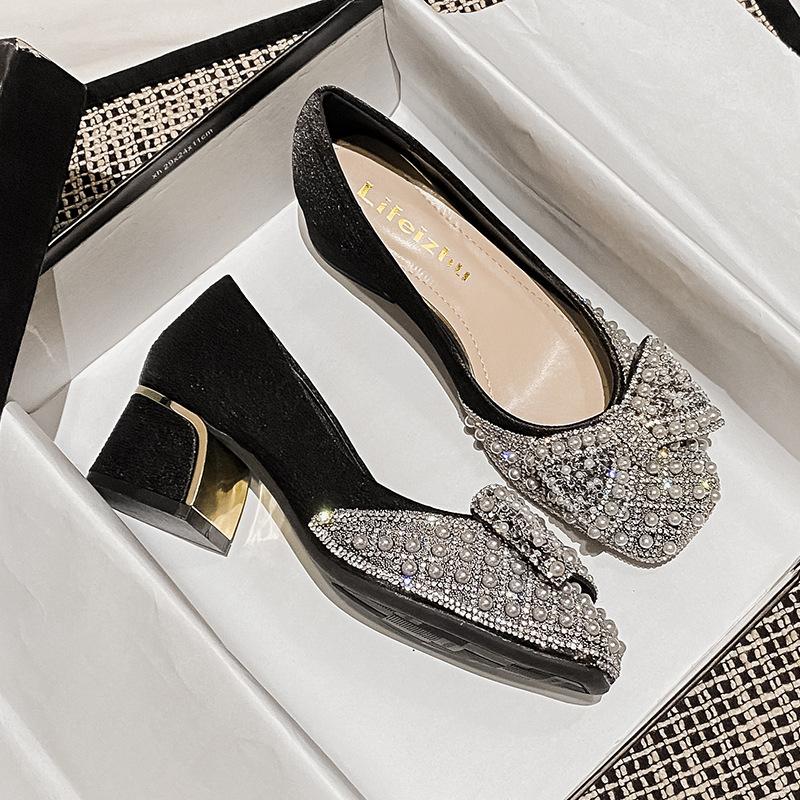 Size 35-43 Women Wedding Pumps Med Heel Square Toe Office Lady Shoes Pearls Diamonds Bowknot Decoration Party Shoes
