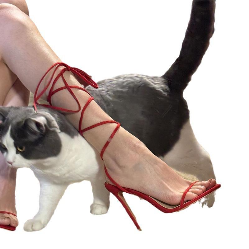 2025 New Open-toed Hollow Cross-strap Red Sandals Women's Word Strap Matte Stiletto High Heels Women's Shoes