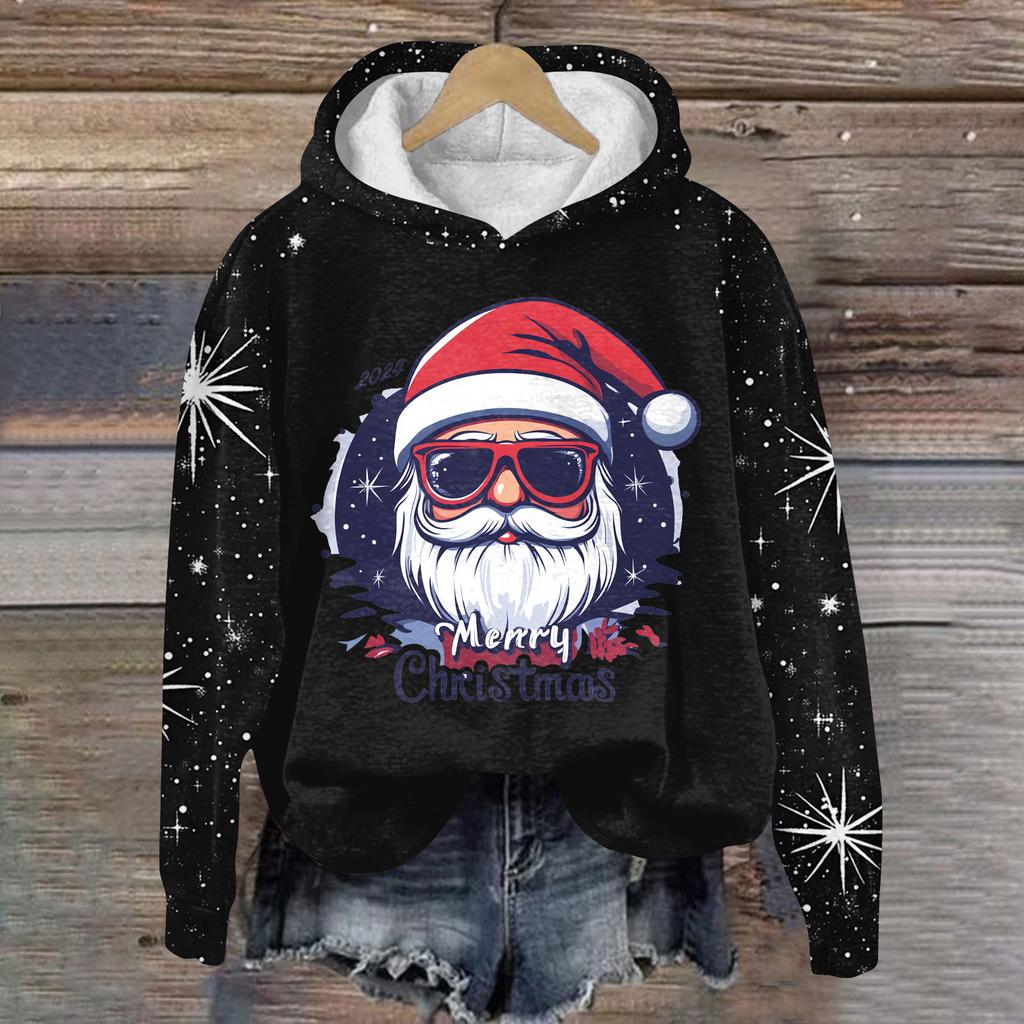 Women's Fashion Casual Pullover Plug Sleeve Christmas Printed Hooded Sweatshirt