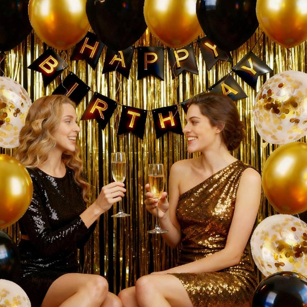 Black Happy Birthday Banner, Black and Metallic Gold Balloons for Birthday Celebrations