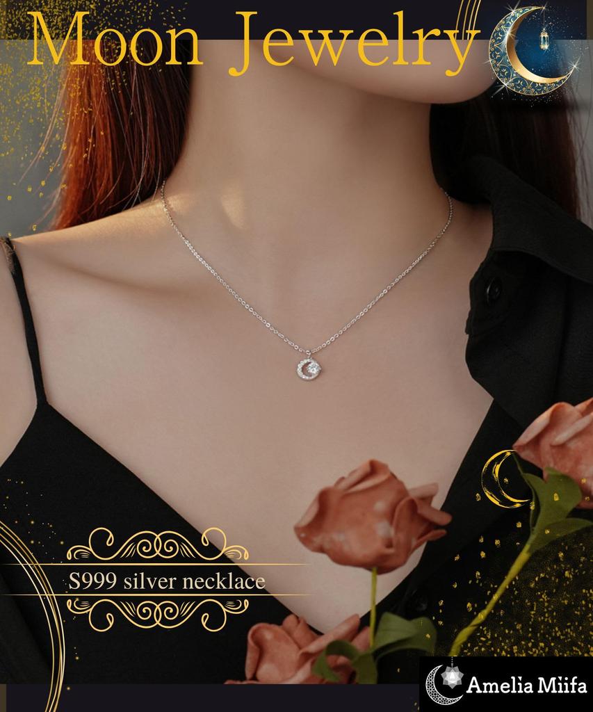 Necklace for Women Moon Necklace Platinum Plated Silver S999 Pure Silver 5A Grade High Quality Zirconia 1 Carat Popular Present Gift Set Included Moon