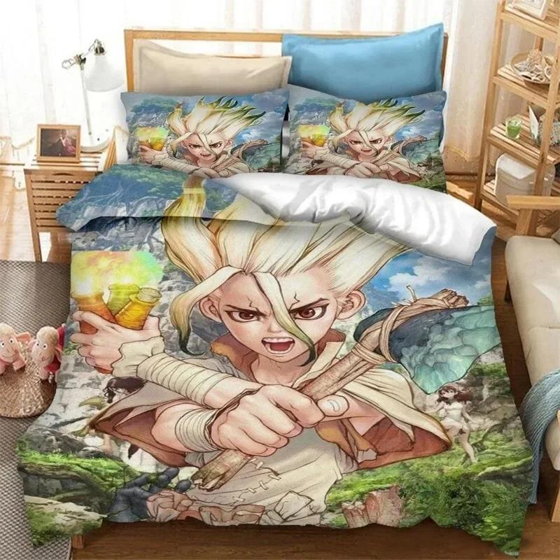 New 3D Anime Dr.STONE Bedding Set Printed Bed Set With Pillowcase Bed Duvet Cover Soft Single Double Queen Super King Size