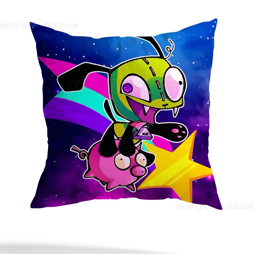 Green Invader ZIM Pillow Case Square Double-Sided Printing Short Plush Sofa Cushion Cover Bedroom Bedside Pillow