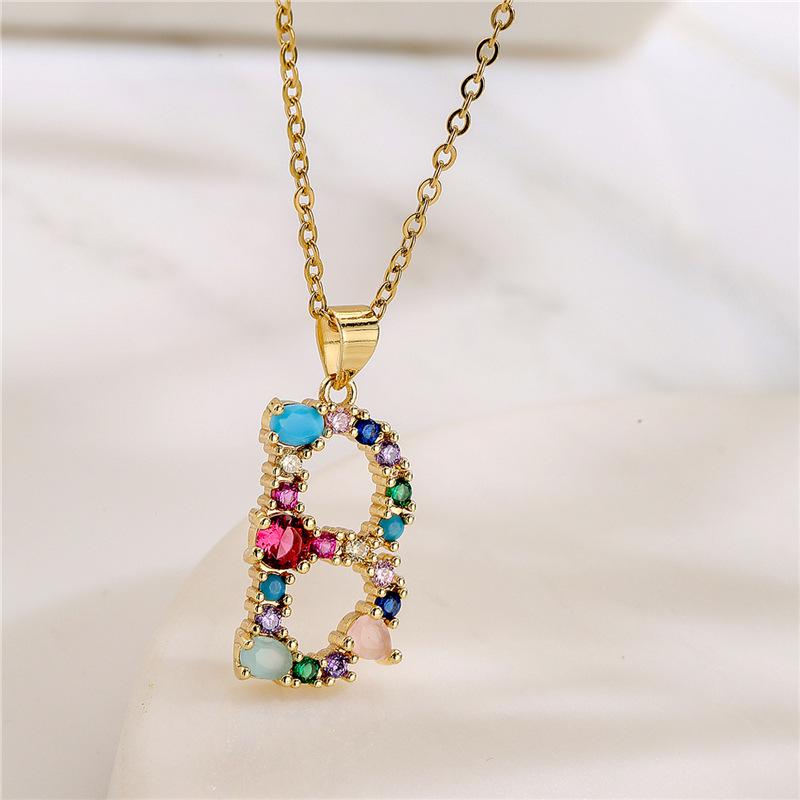 2021 Mixed Gemstone Inlaid Clavicle Necklace: 26-Letter Color-Preserving Electroplated Design for Women, Popular In Europe and America