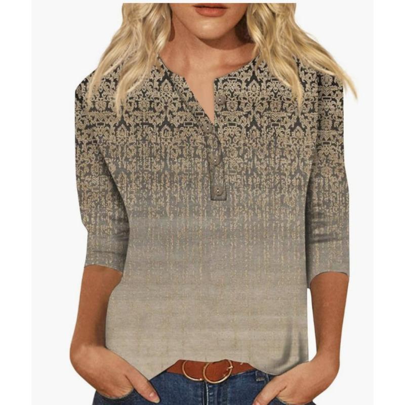 Button V-neck 3D Printed Top Fashionable Casual Long Sleeved Women's T-shirts