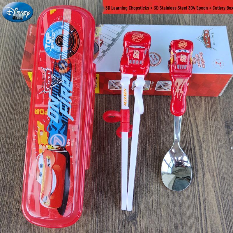 Disney 3D Cartoon Children's Stainless Steel Cutlery Set: Fork, Spoon, and Training Chopsticks
