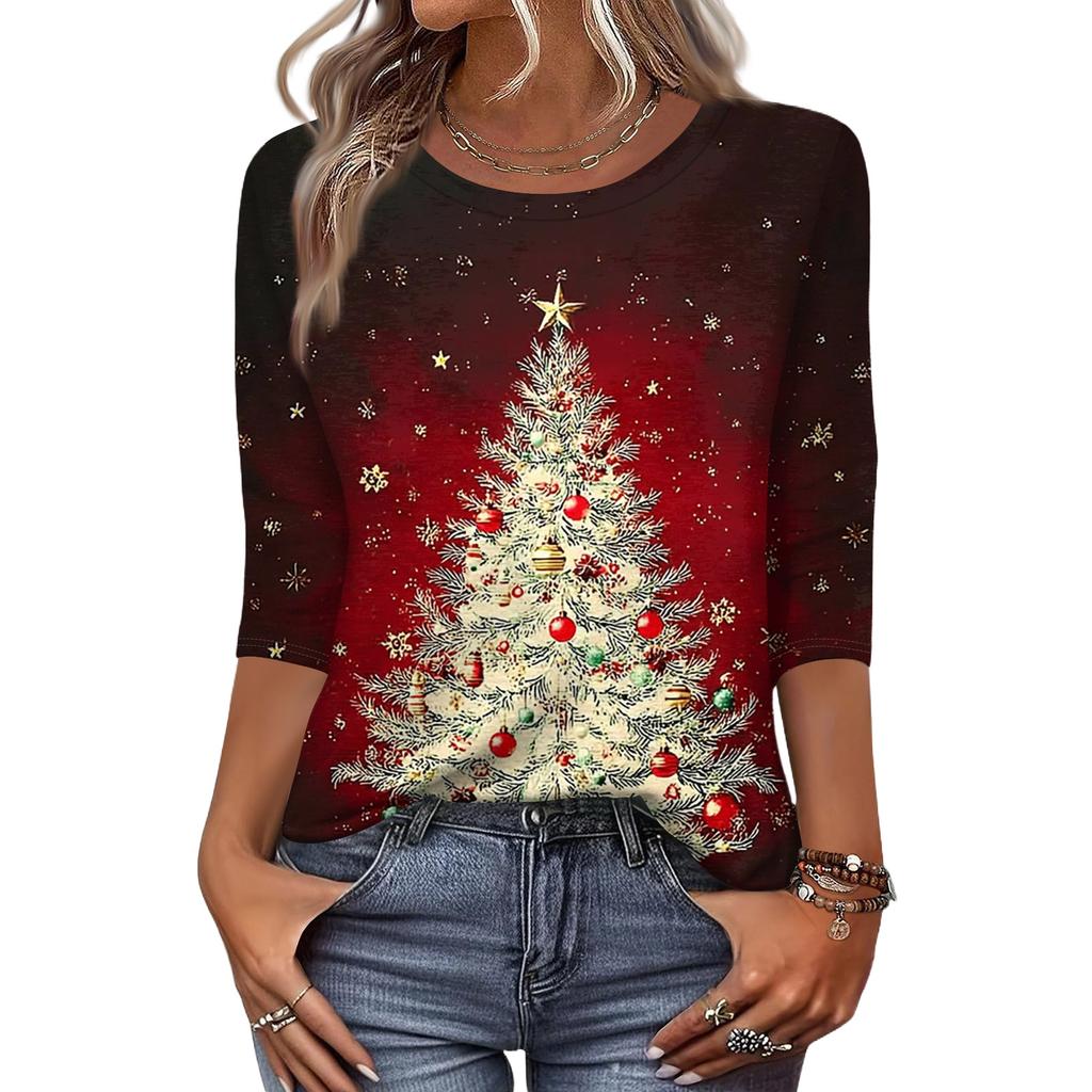 Women's Fashion Casual Round Neck 3/4 Sleeve Loose  Printed T-Shirt Ladies Top