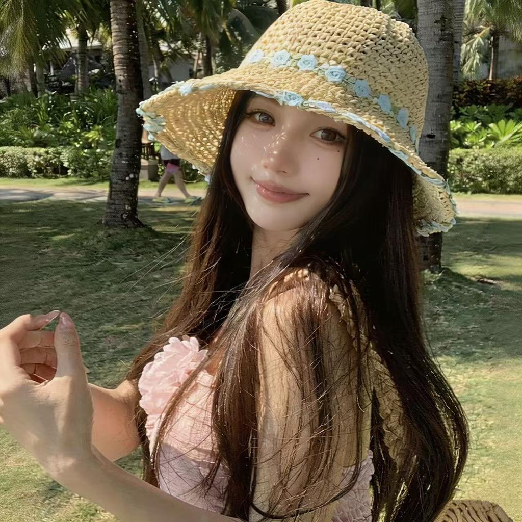 Women's seaside bucket hat vacation beach sun hat face cover sun hat sun hat foldable straw hat color