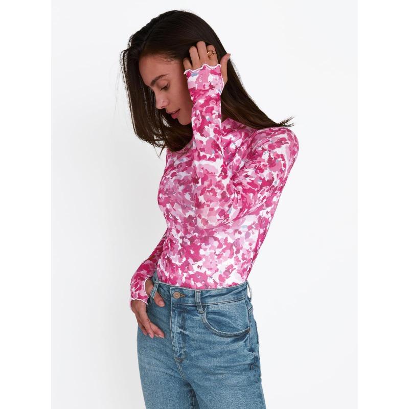 Women S Sexy Y2k Mesh Printed Long Sleeve T Shirt Half High Neck