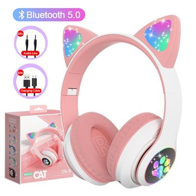 Flash Lamp Cute Cat Ears Headphone Bluetooth5.0 Stereo With Mic Support TF Card Wireless Kids Girl Earphone Birthday Gift