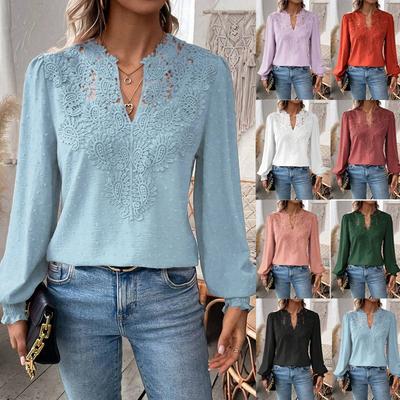 Women S V Neck Lace Solid Long Sleeve Casual Blouse