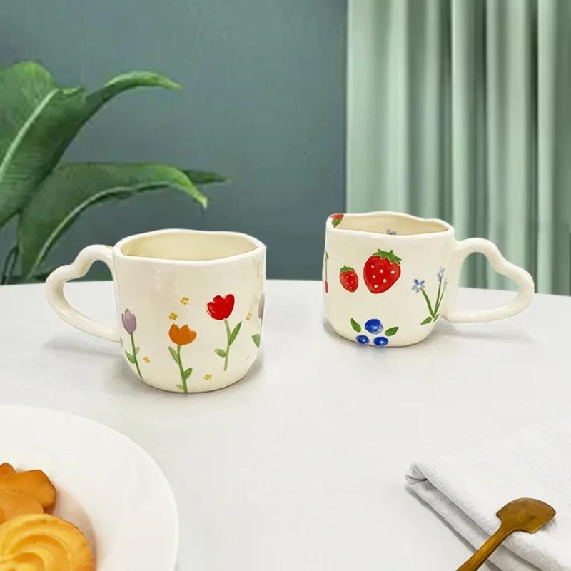 Creative Ceramic Coffee Mug Irregular Heart-shaped Handle Cute Hand Painted Pattern Mug Breakfast Milk Oatmeal Tea Cup Drinkware