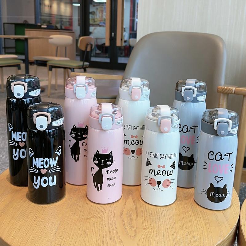 Cartoon Cat Stainless Steel Vacuum Flask with Straw Portable Kids Thermos Mug Travel Thermal Water Bottle Tumbler