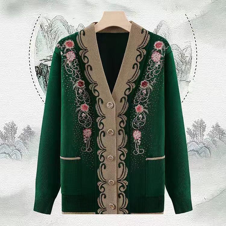 Ethnic Style Women's Thick Cardigan  Autumn Winter Embroidered Rhinestone V-Neck Knit Cardigan