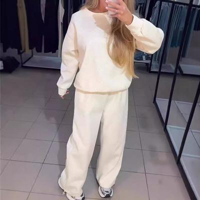 Women Fall Winter Rhinestone Shiny Leisure Clothing 2-piece Set Retro Loose O-Neck Pullover Tie-up Sport Pants Suit